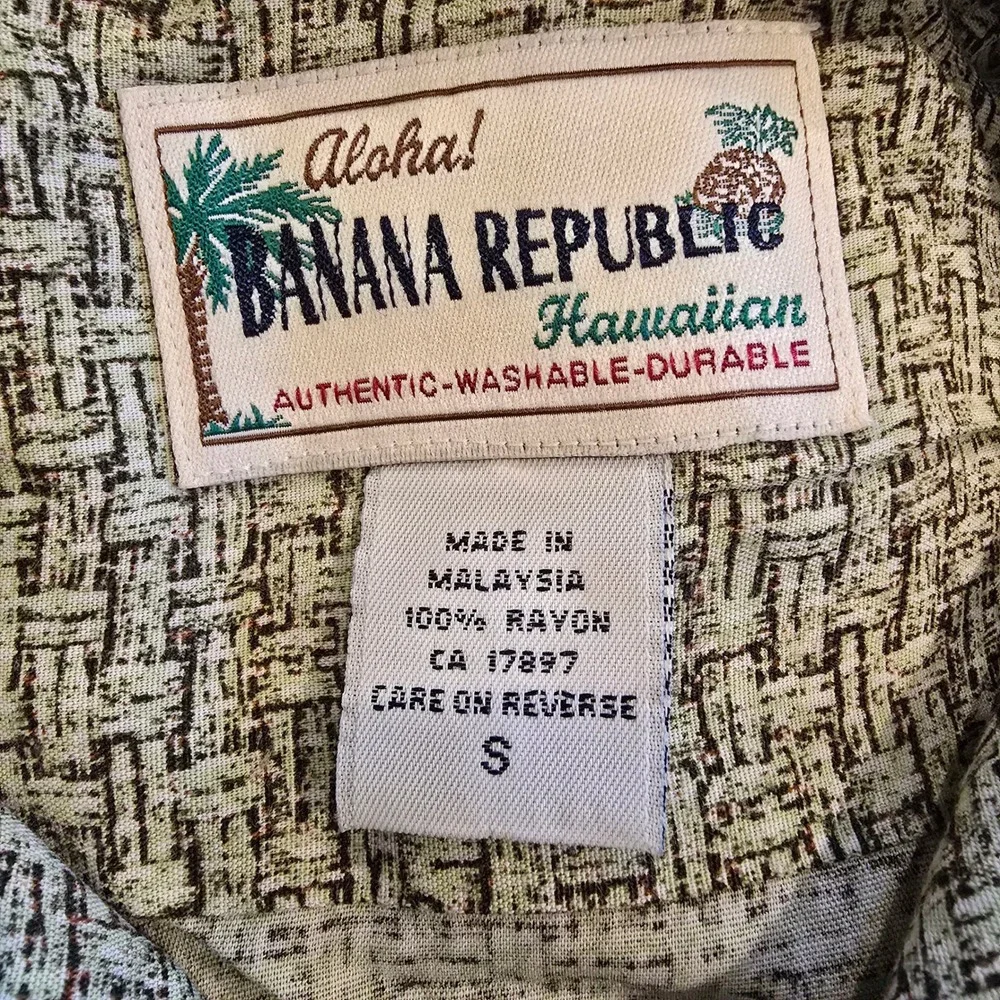 VTG‎ Banana Republic Aloha Hawaiian Shirt S Rayon Coconut Button 90s Crosshatch